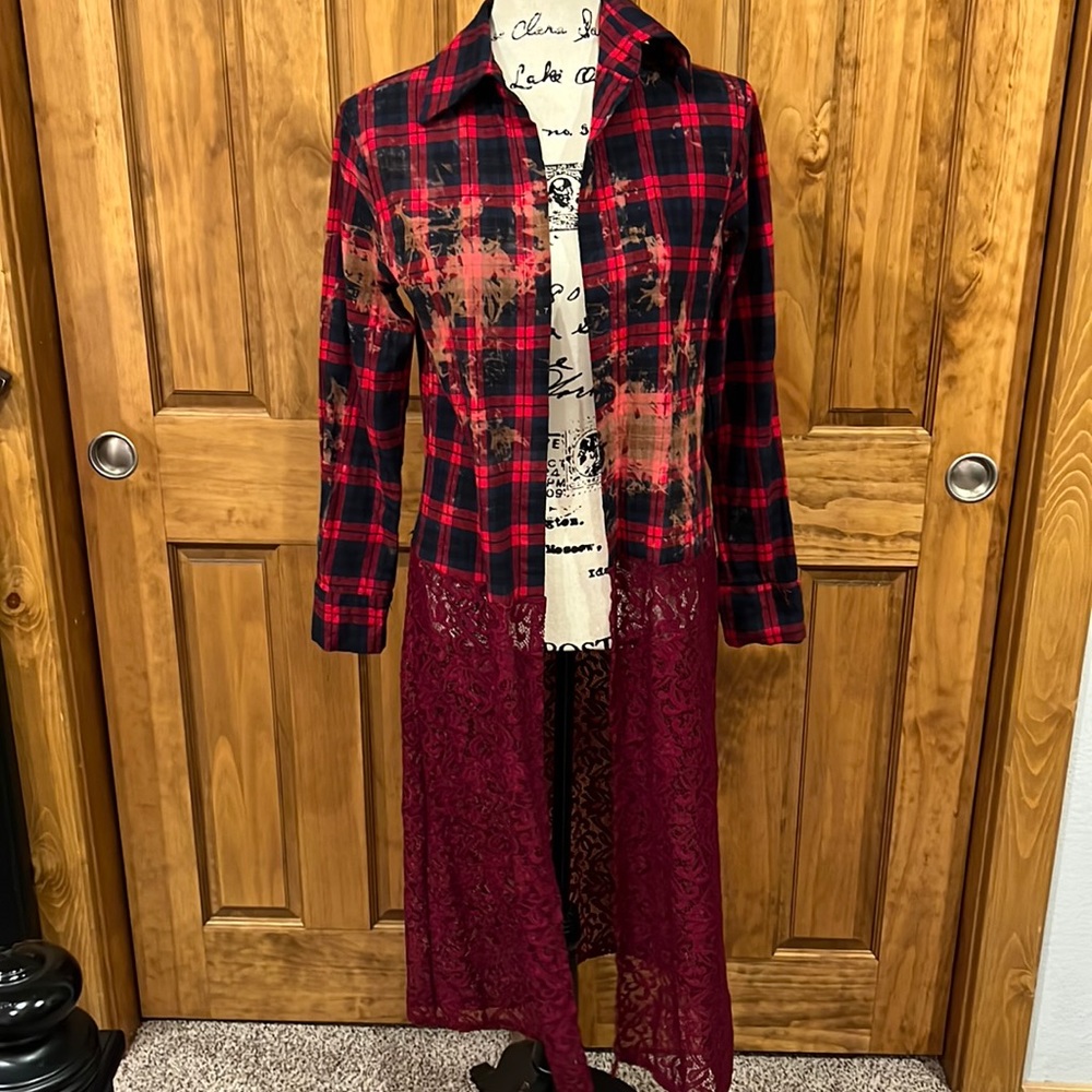 L&B burgundy lace bleached plaid flannel kimono